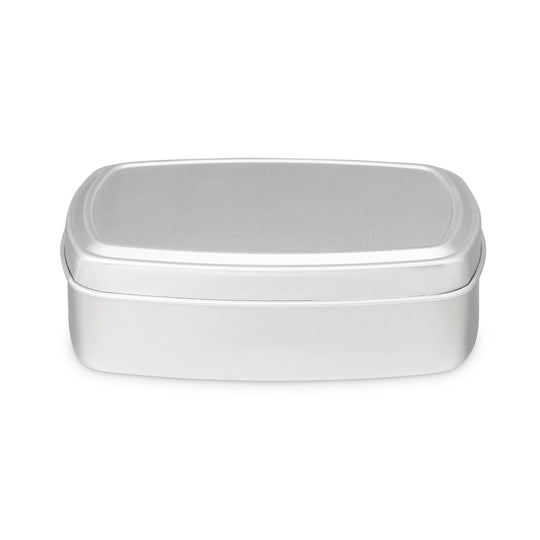 A rectangular tin with slightly curved sides. The lid features a step and the tin itself is silver. The product code is T9875.