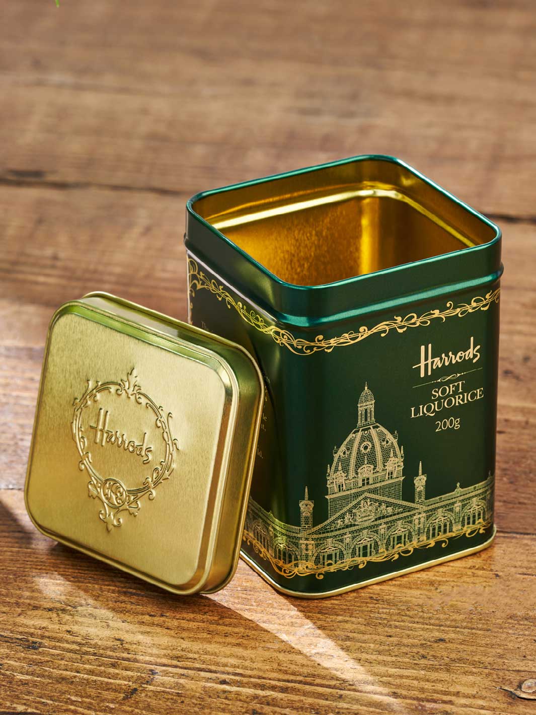 Reflex gold tin packaging designed for Harrods soft liquorice. 